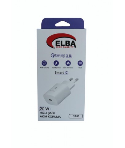 Elba ELB02-20WPD Beyaz 20W USB-C Şarj Kafa PD 3.0-QC4.0(Akıllı Koruma-Hızlı Şarj-Isıya Dayanıklı)
