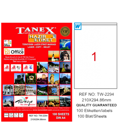 Tanex Lazer Etiket 100 YP 210X294,86 Laser-Copy-Inkjet TW-2294