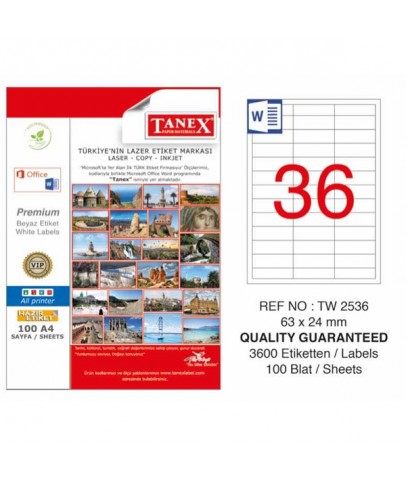 Tanex Lazer Etiket 100 YP 63x24 MM Laser-Copy-Inkjet TW-2536
