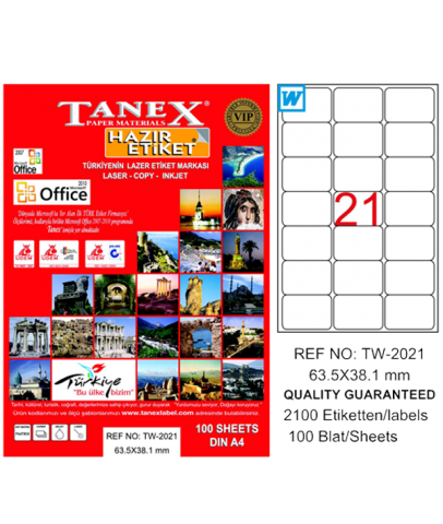 Tanex Lazer Etiket 100 YP 63x38 MM Laser-Copy-Inkjet TW-2021